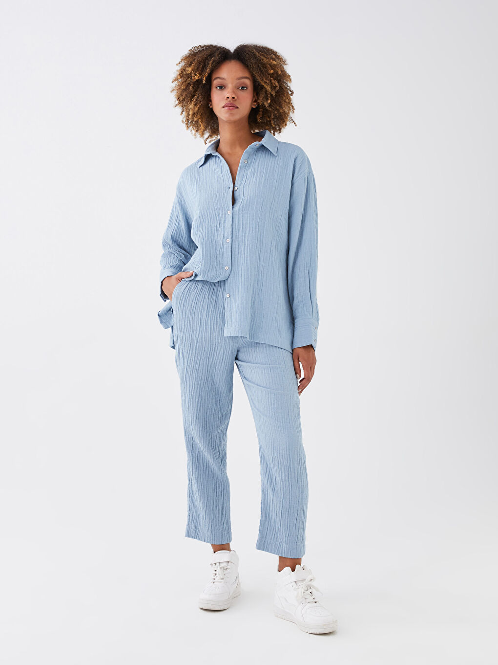 بنطلون شاش سادة بخصر مرن للسيدات-1