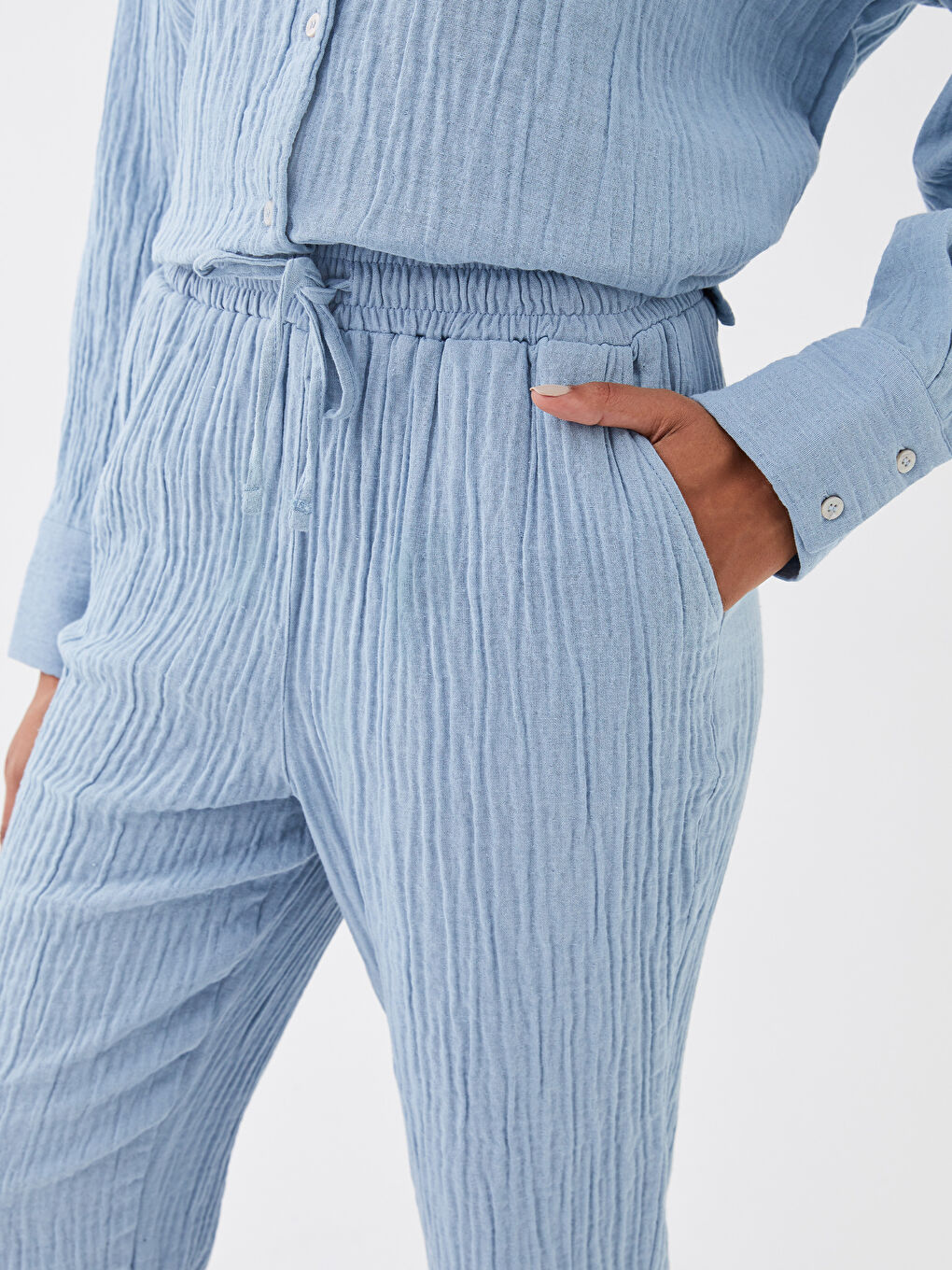 بنطلون شاش سادة بخصر مرن للسيدات-2