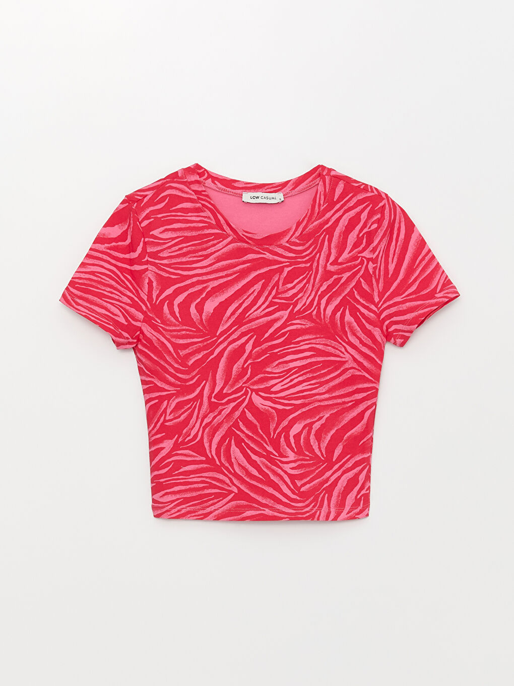 Pembe Kadın Bisiklet Yaka Desenli Kısa Kollu Tişört-5