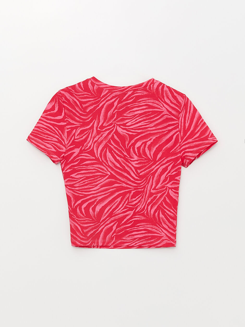 Pembe Kadın Bisiklet Yaka Desenli Kısa Kollu Tişört-6