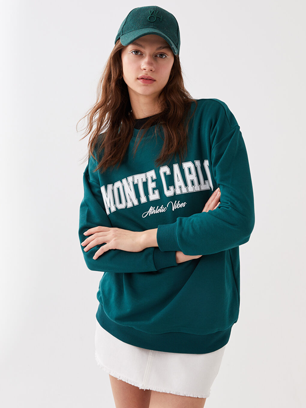 Yeşil Kadın Bisiklet Yaka Baskılı Oversize Sweatshirt