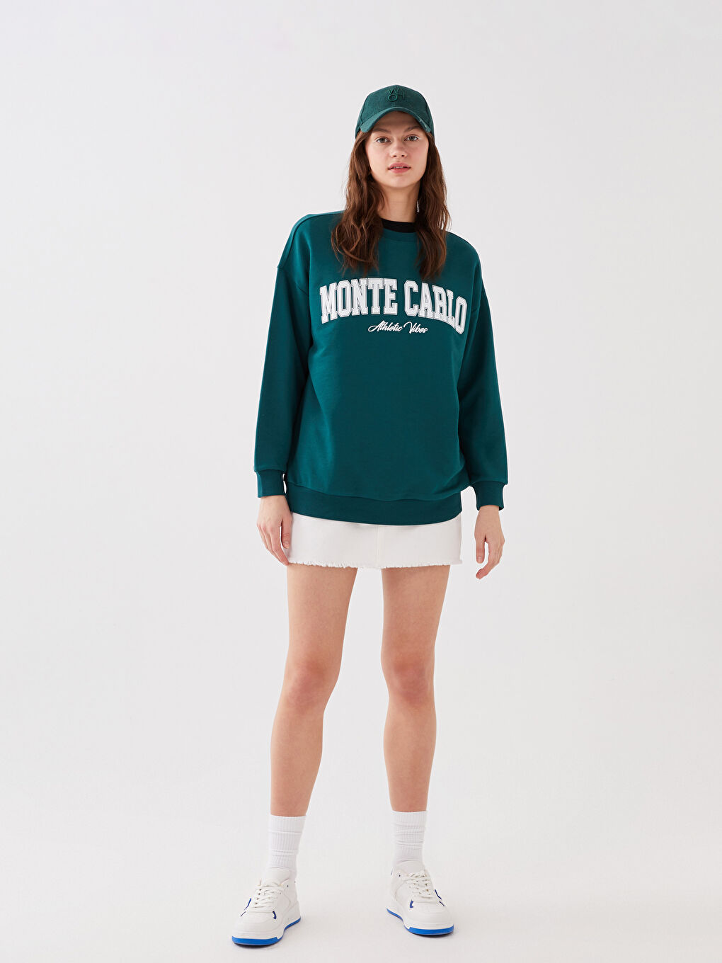 Yeşil Kadın Bisiklet Yaka Baskılı Oversize Sweatshirt-2