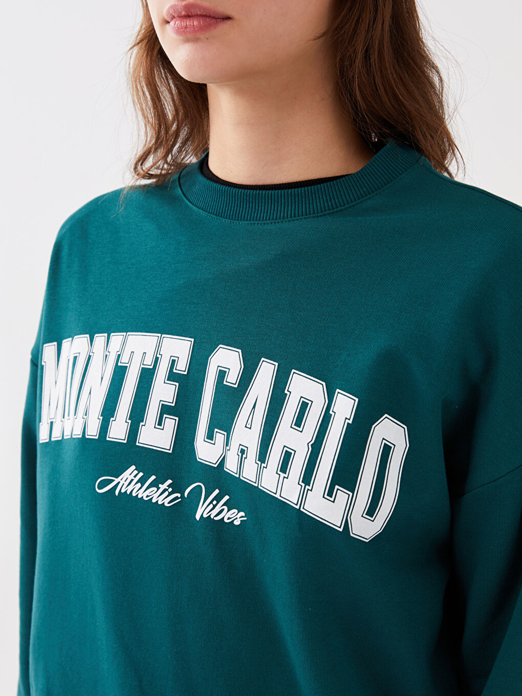 Yeşil Kadın Bisiklet Yaka Baskılı Oversize Sweatshirt-3