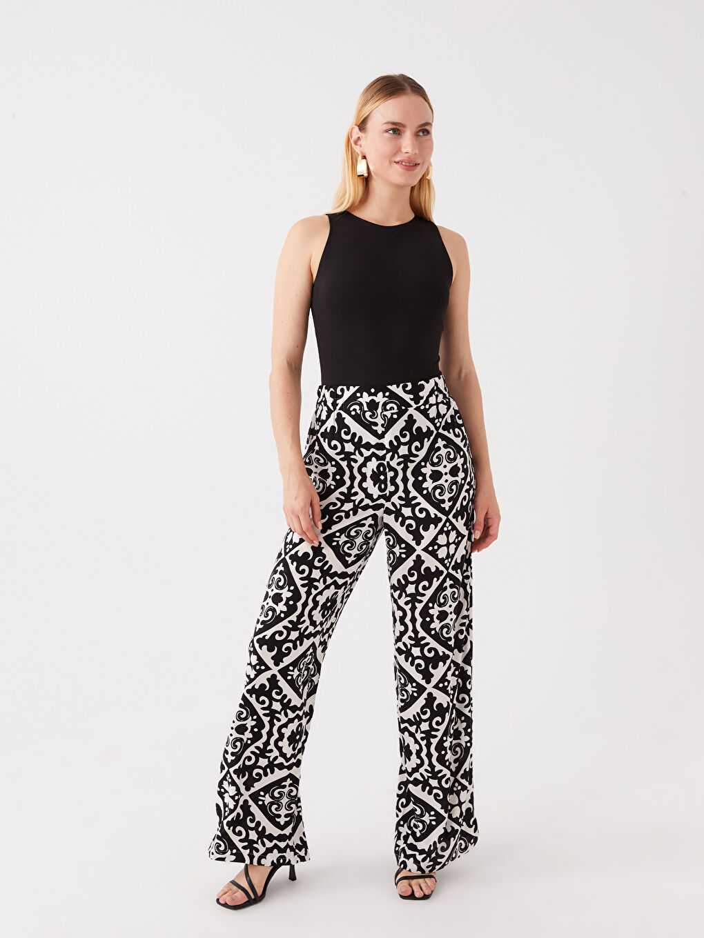 Siyah Kadın Beli Lastikli Desenli Palazzo Pantolon