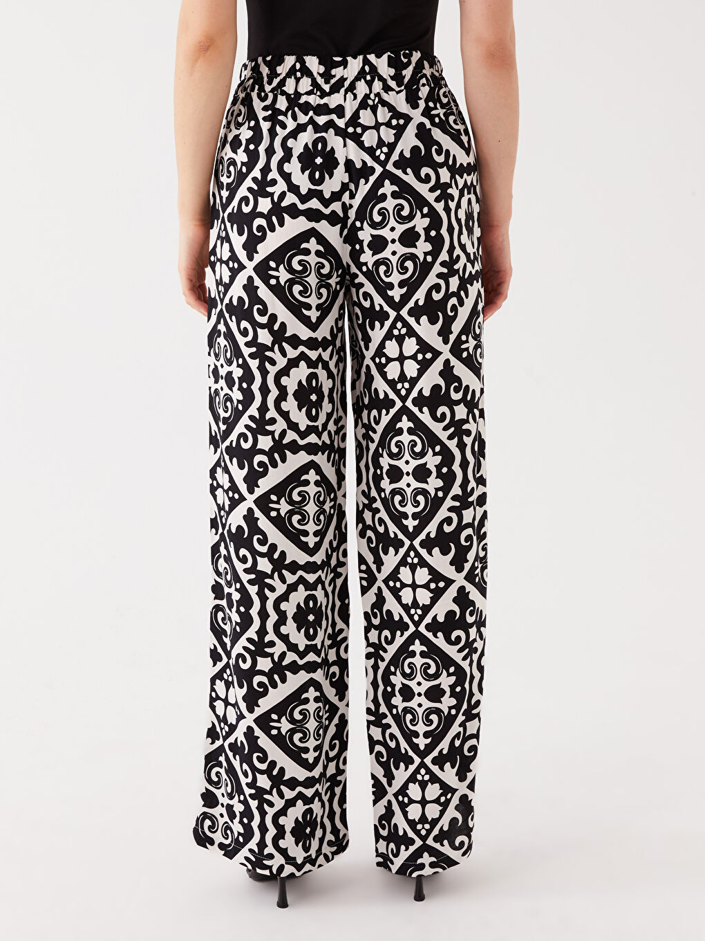 Siyah Kadın Beli Lastikli Desenli Palazzo Pantolon-4