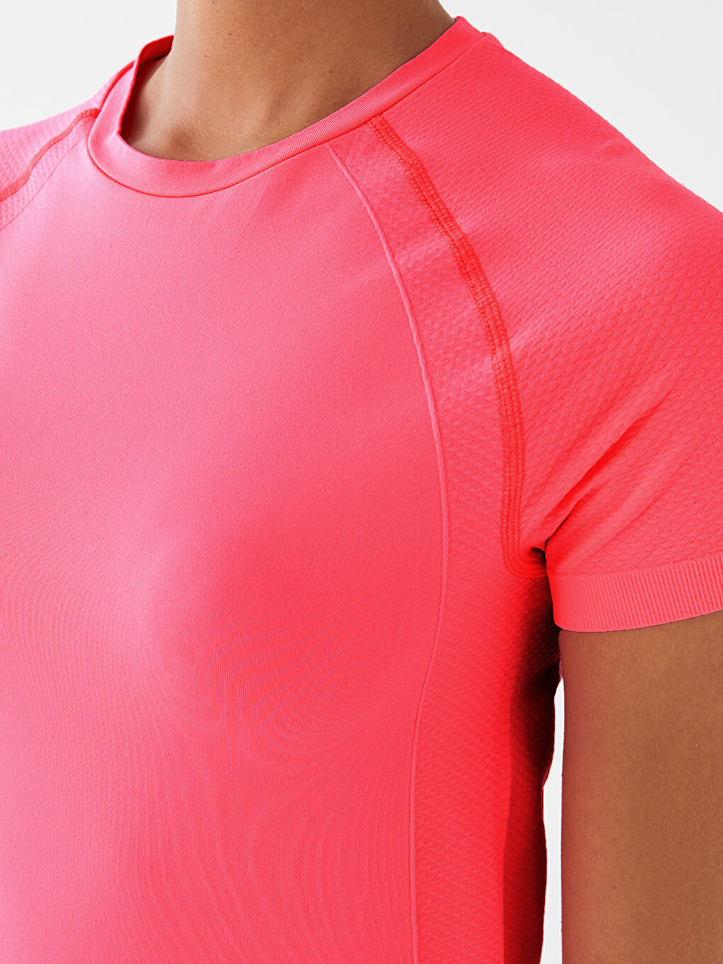 Pembe Bisiklet Yaka Düz Kısa Kollu Seamless Kadın Spor Tişört-3