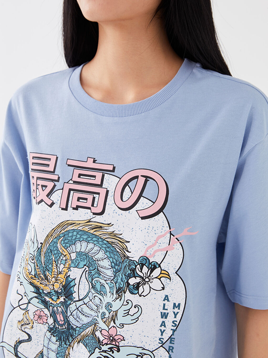 Mavi Bisiklet Yaka Baskılı Kısa Kollu Kadın Tişört-3