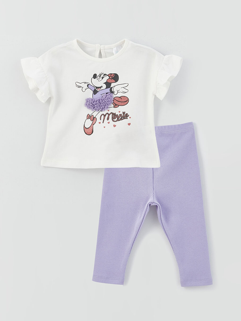 მრგვალი საყელო მოკლე სახელო მინნი მაუსის ნაბეჭდი გოგონას მაისური და ლეგინსების 2-ნაწილიანი კომპლექტი