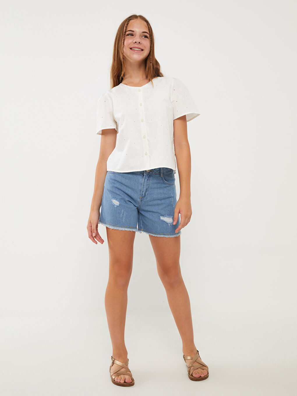 İndigo Yırtık Detaylı Kız Çocuk Jean Şort-1