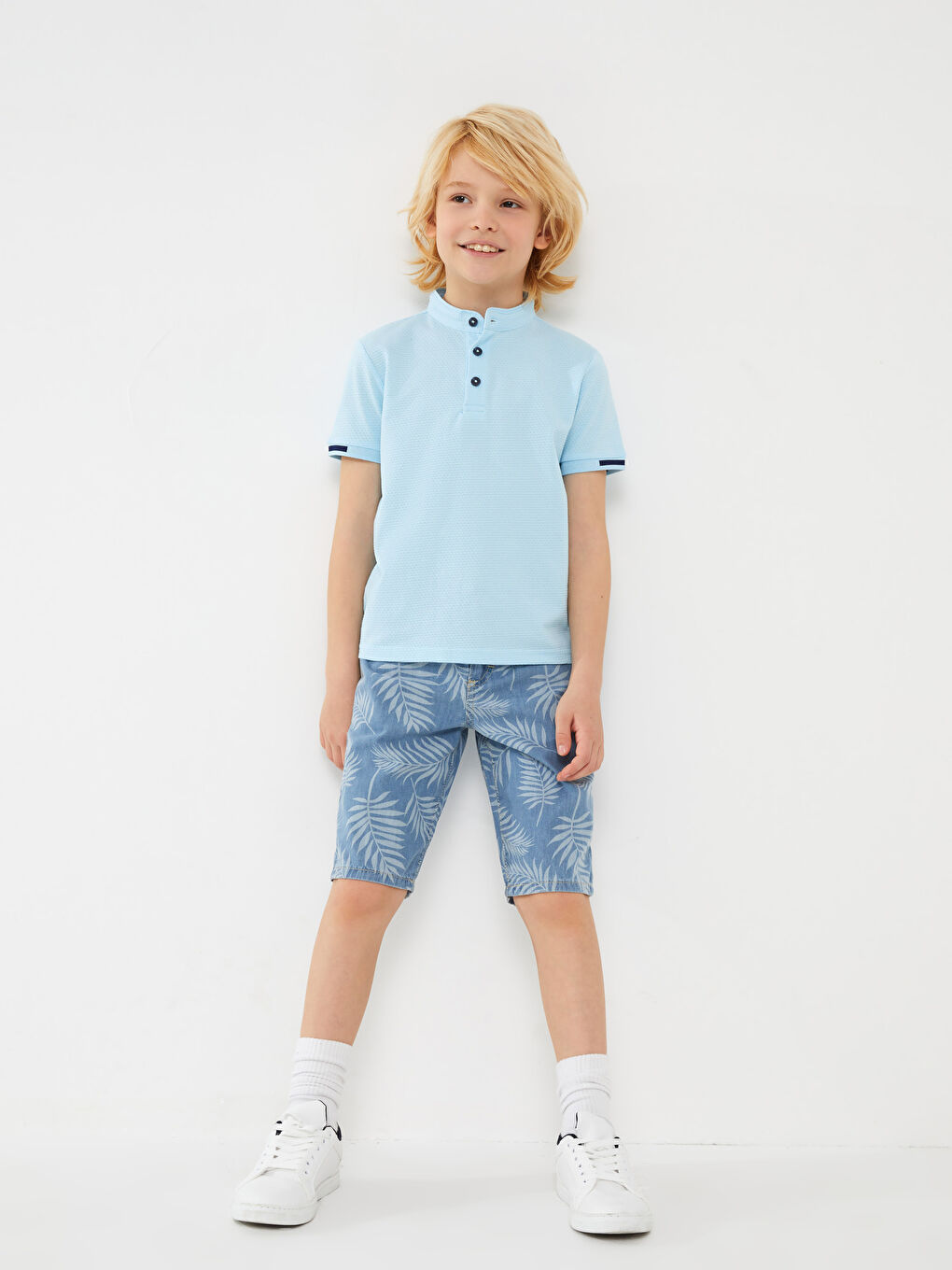 İndigo Desenli Erkek Çocuk Jean Şort-1