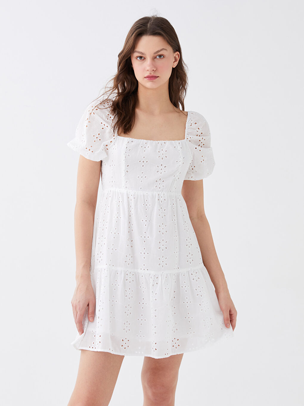 Square Collar Self Patterned Short Sleeve Embroidered Women's Dress -S3BS39Z8-KE8