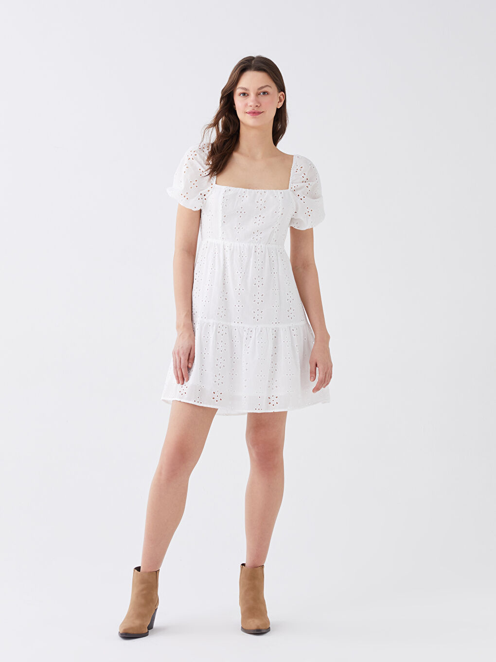 Square Collar Self Patterned Short Sleeve Embroidered Women's Dress -S3BS39Z8-KE8