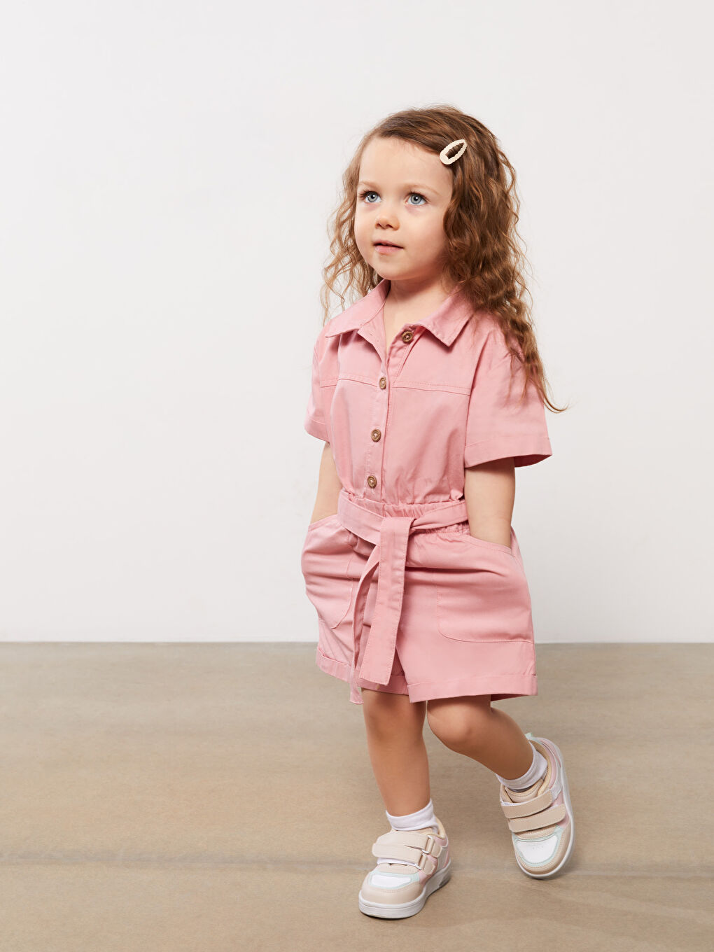 Shirt Collar Short Sleeve Basic Baby Girl Salopet