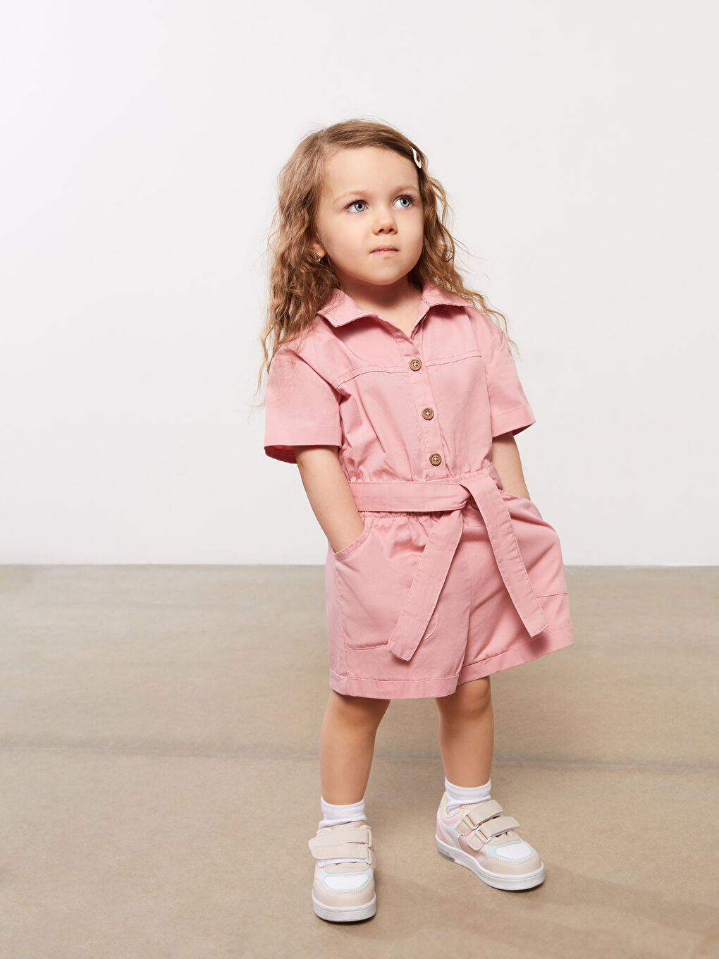 Shirt Collar Short Sleeve Basic Baby Girl Salopet-1