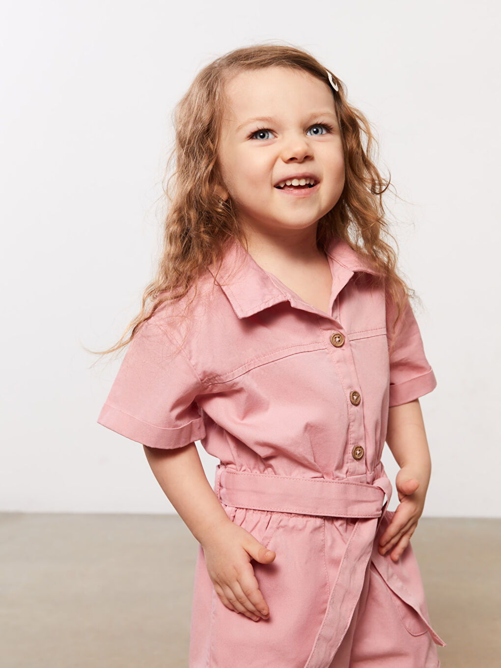 Shirt Collar Short Sleeve Basic Baby Girl Salopet-3