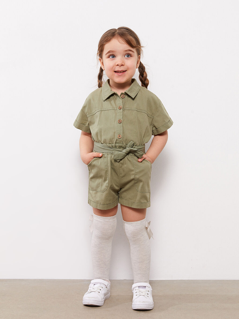 Жағалы мойын қысқа жең өрнексіз қыз бала комбинезон-1