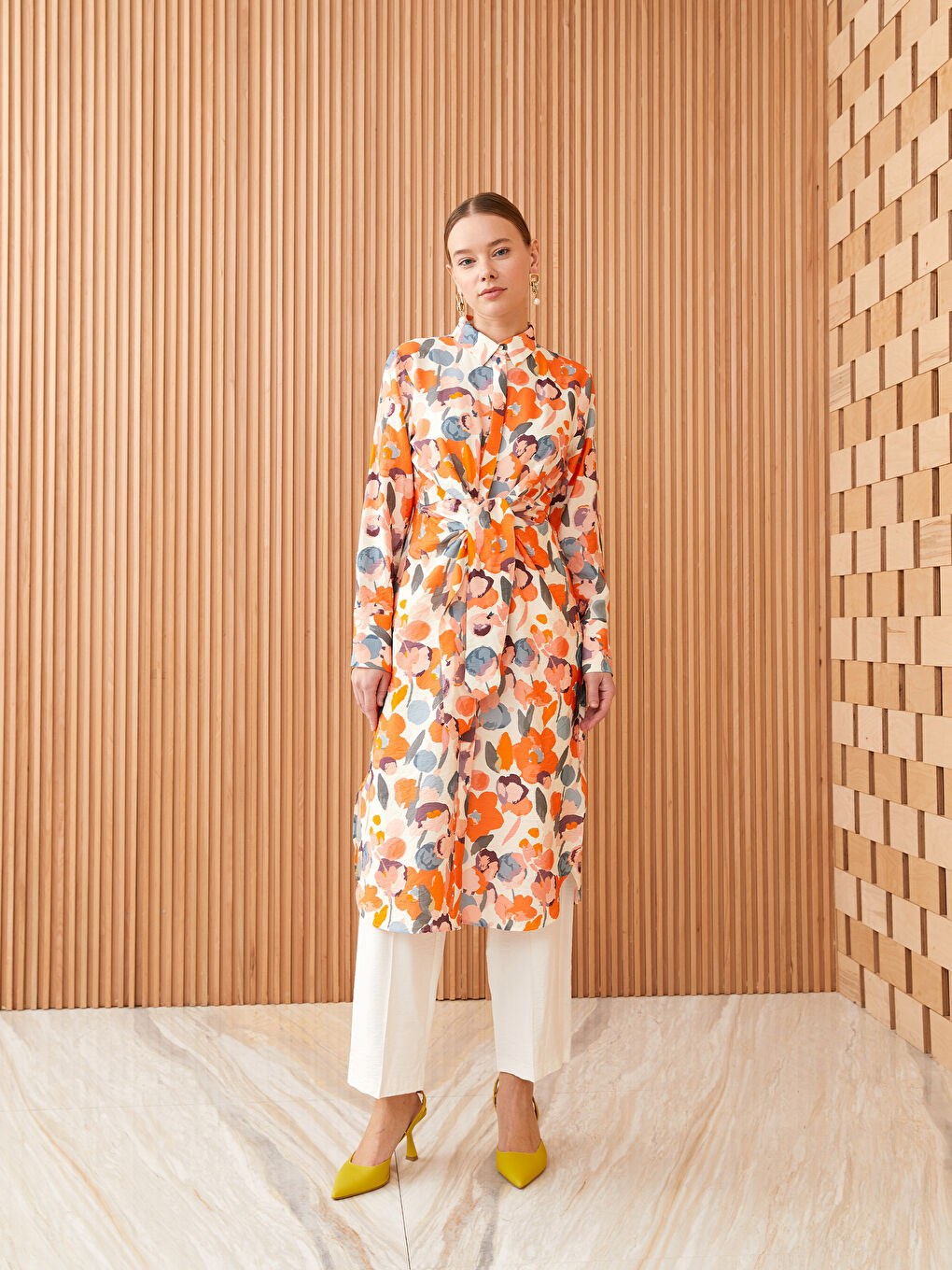 Turuncu Desenli Kadın Gömlek Tunik-1