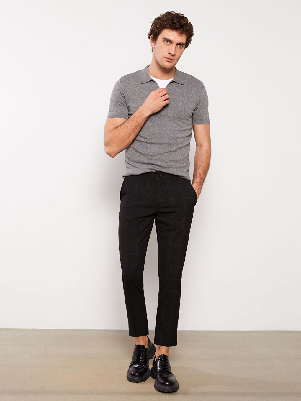 Siyah Slim Fit Ekose Erkek Pantolon-1