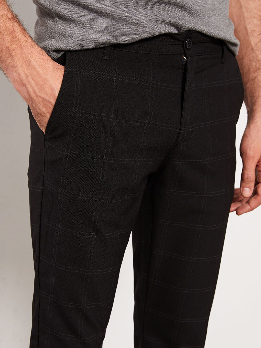 Siyah Slim Fit Ekose Erkek Pantolon-3