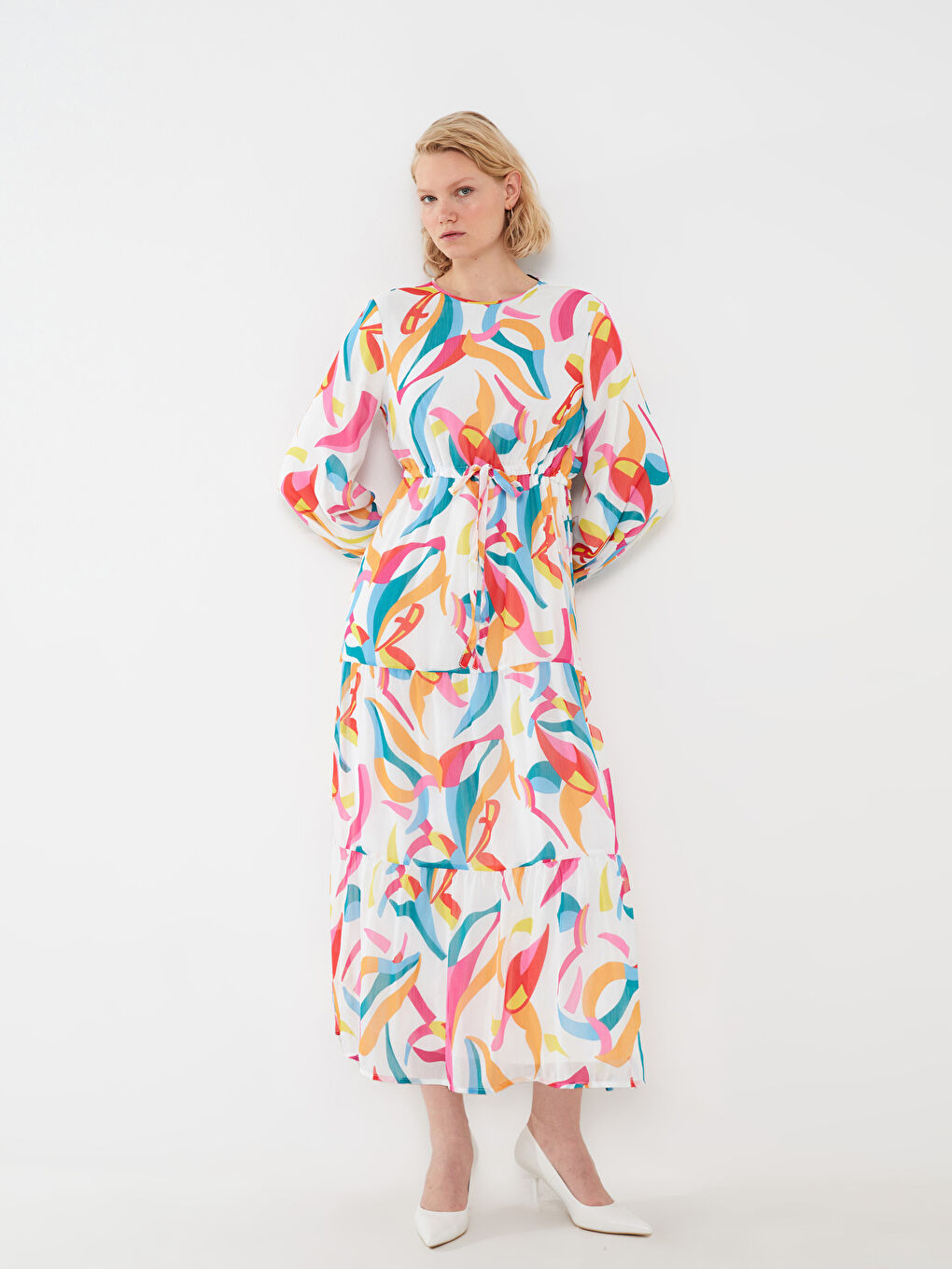 Женское платье с круглым вырезом, узорчатое, с длинным рукавом