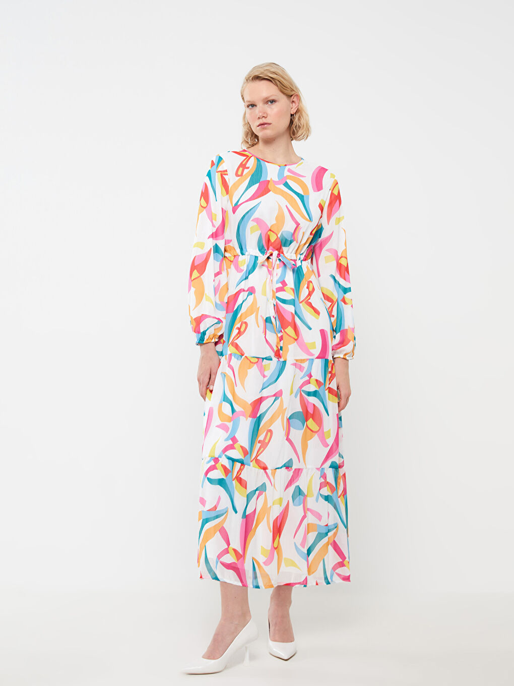 Женское платье с круглым вырезом, узорчатое, с длинным рукавом-1