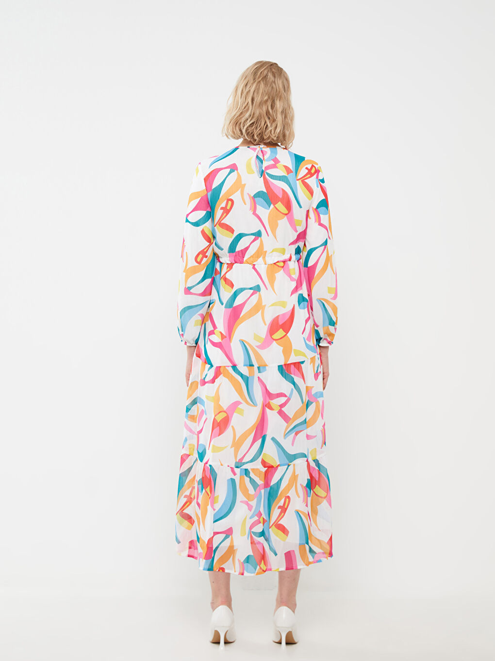 Женское платье с круглым вырезом, узорчатое, с длинным рукавом-4