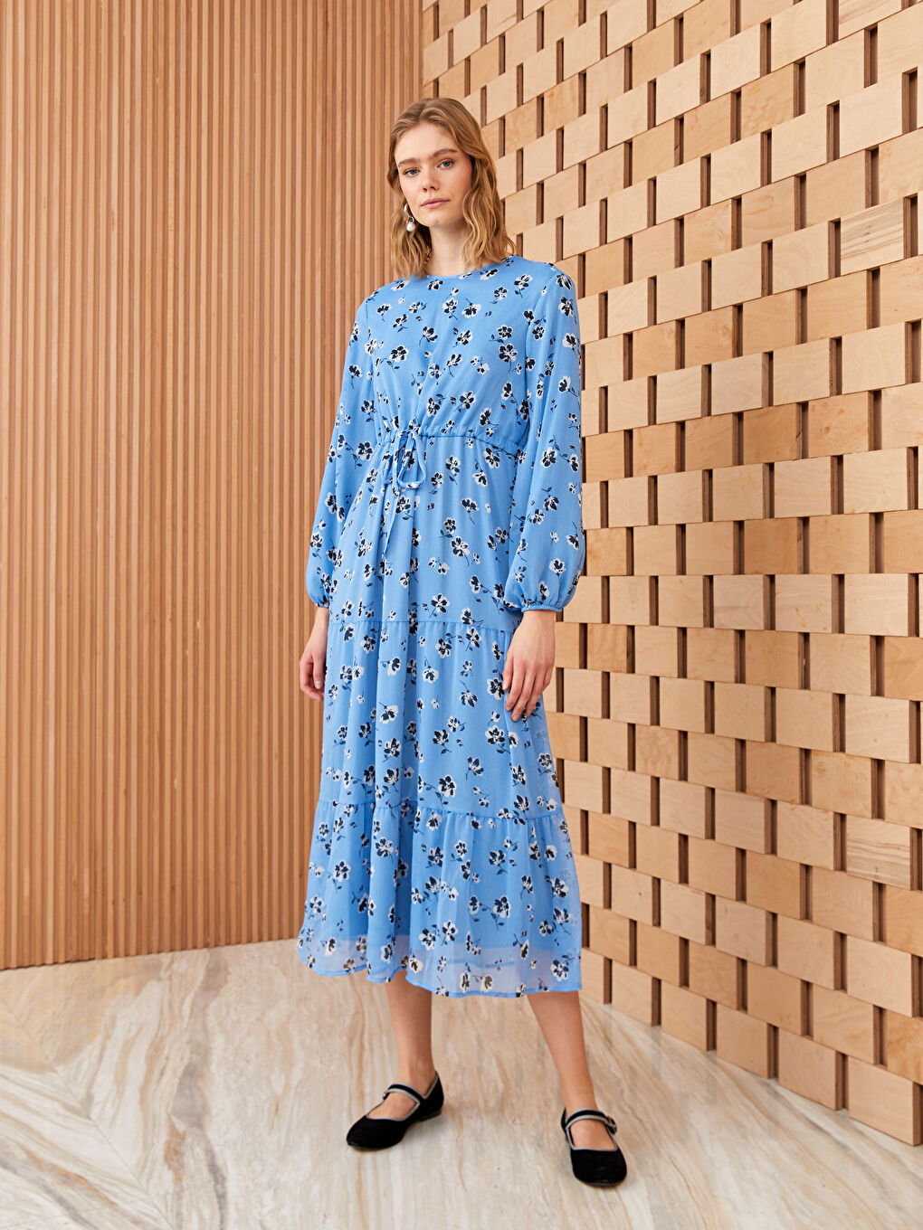 Women's Crew Neck Patterned Long Sleeve Dress -S3BS95Z8-LQQ