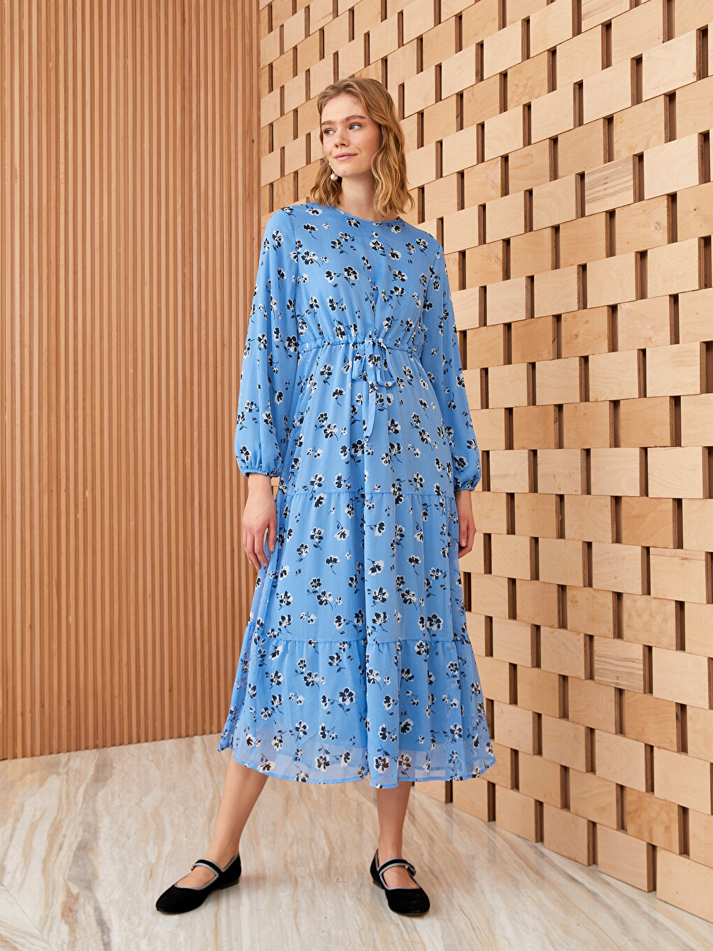 Women's Crew Neck Patterned Long Sleeve Dress -S3BS95Z8-LQQ