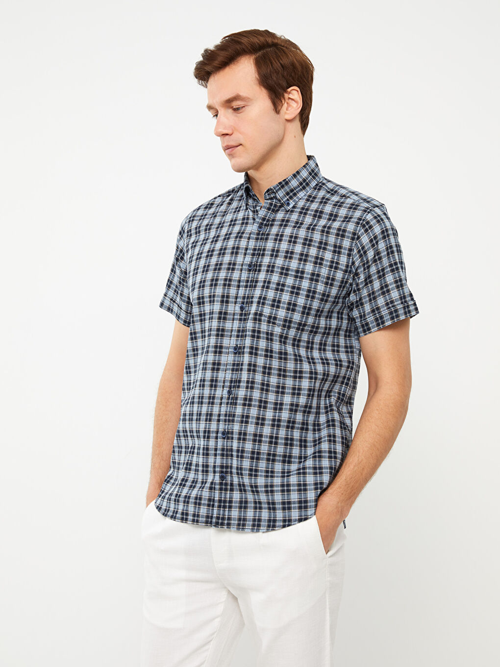 Lacivert Regular Fit Kısa Kollu Ekose Poplin Erkek Gömlek