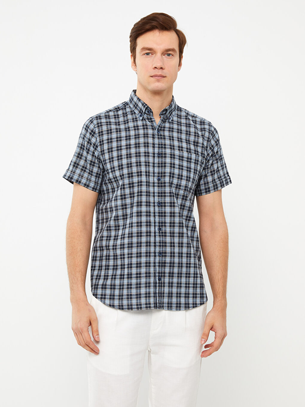 Lacivert Regular Fit Kısa Kollu Ekose Poplin Erkek Gömlek-1