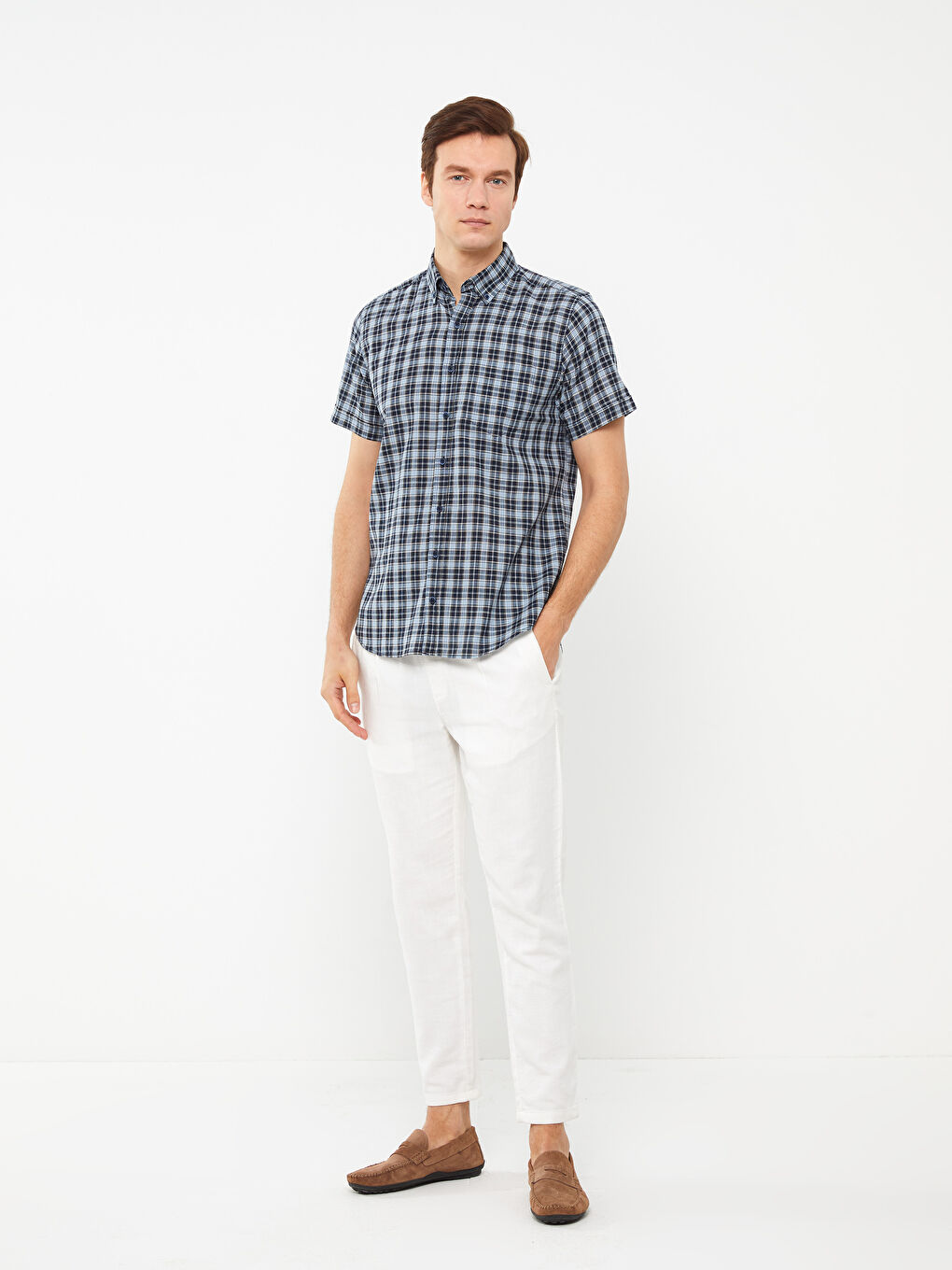 Lacivert Regular Fit Kısa Kollu Ekose Poplin Erkek Gömlek-2