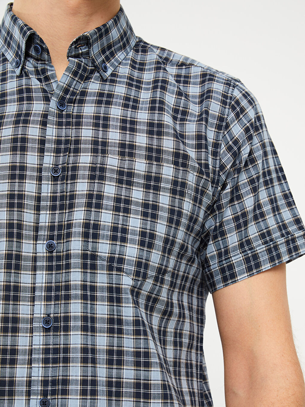 Lacivert Regular Fit Kısa Kollu Ekose Poplin Erkek Gömlek-3