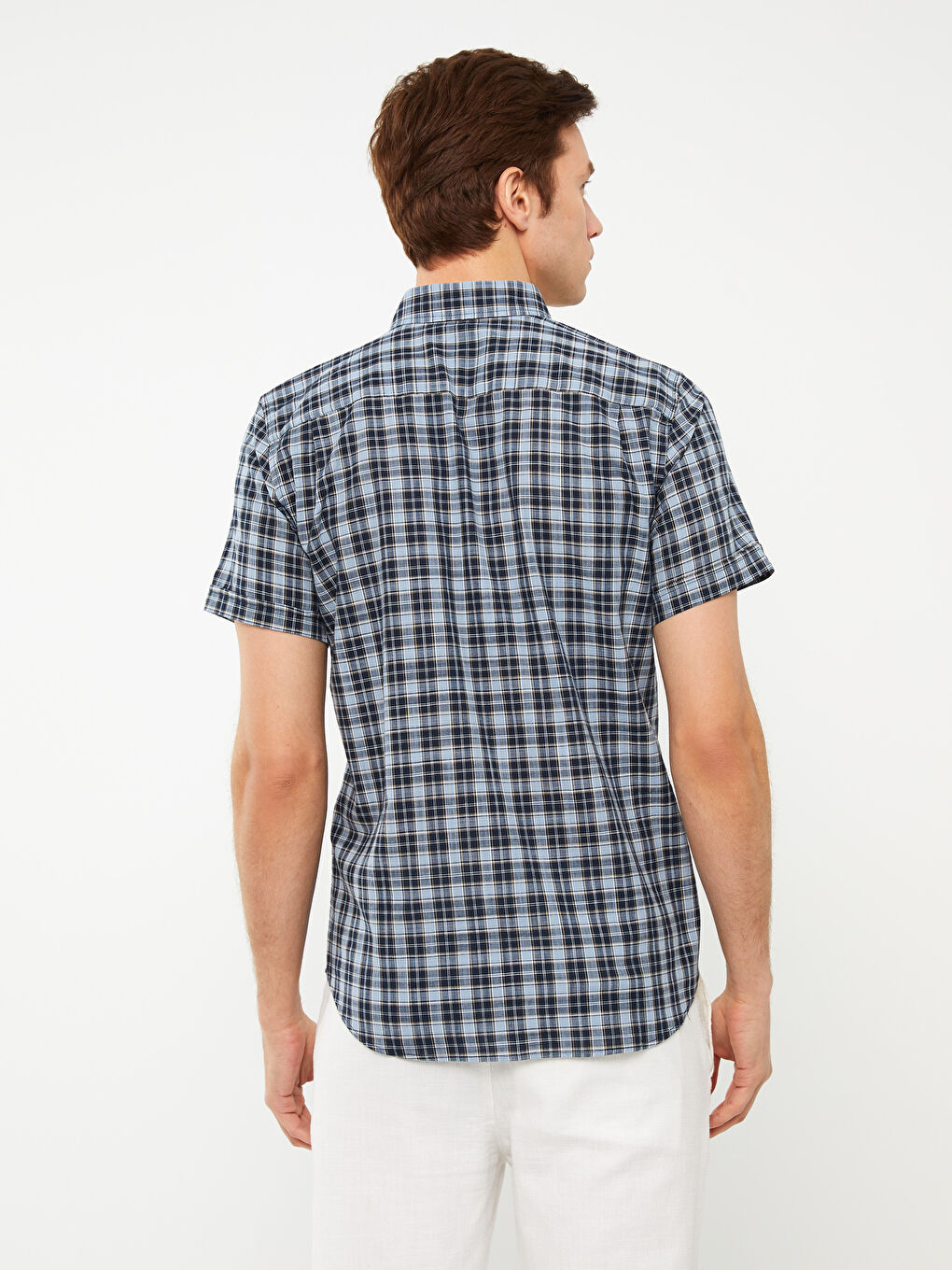 Lacivert Regular Fit Kısa Kollu Ekose Poplin Erkek Gömlek-4