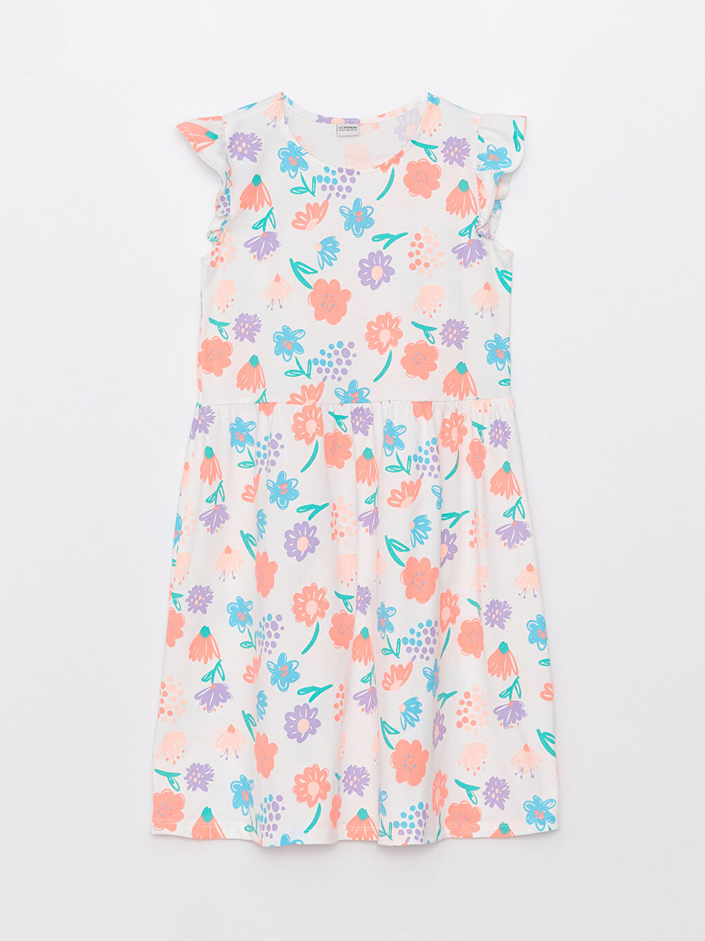 Beyaz Bisiklet Yaka Baskılı Kız Çocuk Elbise