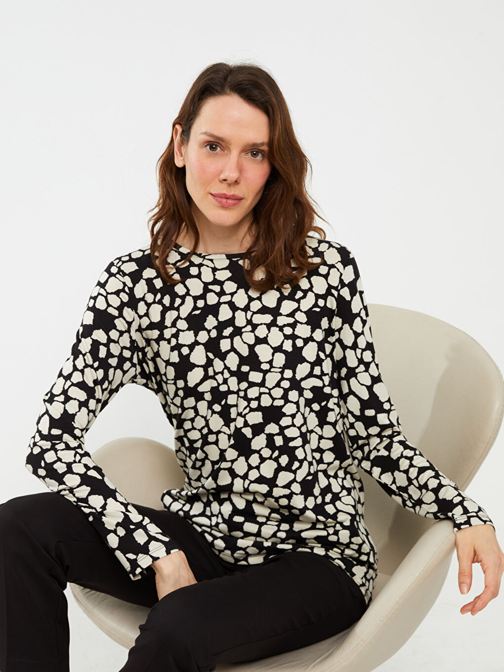 Tricou cu Mânecă Lungă și Model, Guler Rotund, pentru Femei