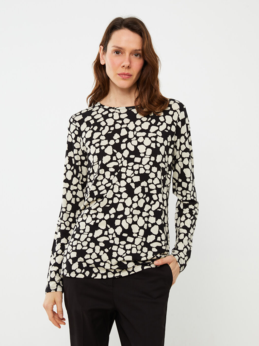 Tricou cu Mânecă Lungă și Model, Guler Rotund, pentru Femei-3