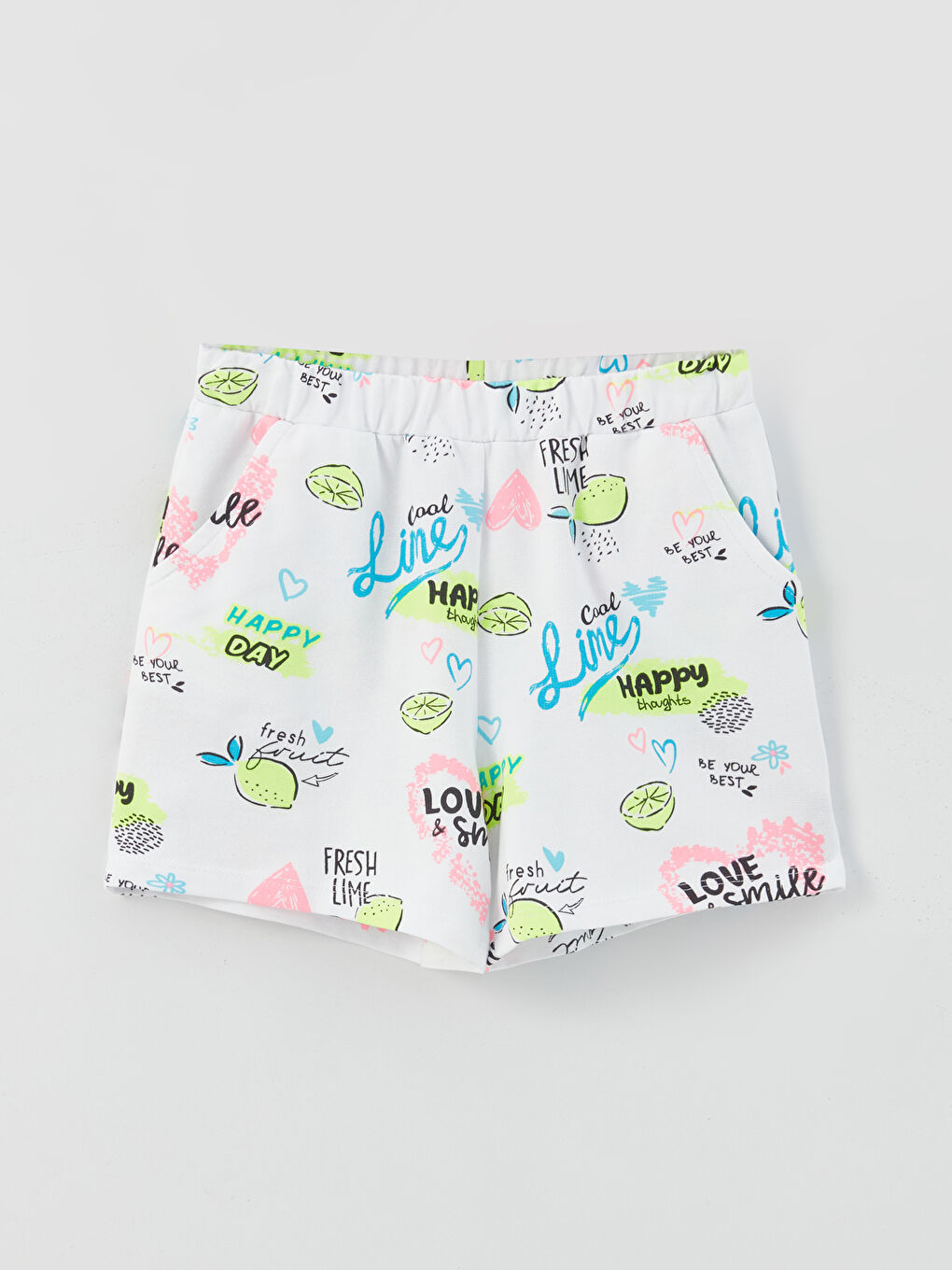 Beyaz Beli Lastikli Baskılı Kız Çocuk Şort