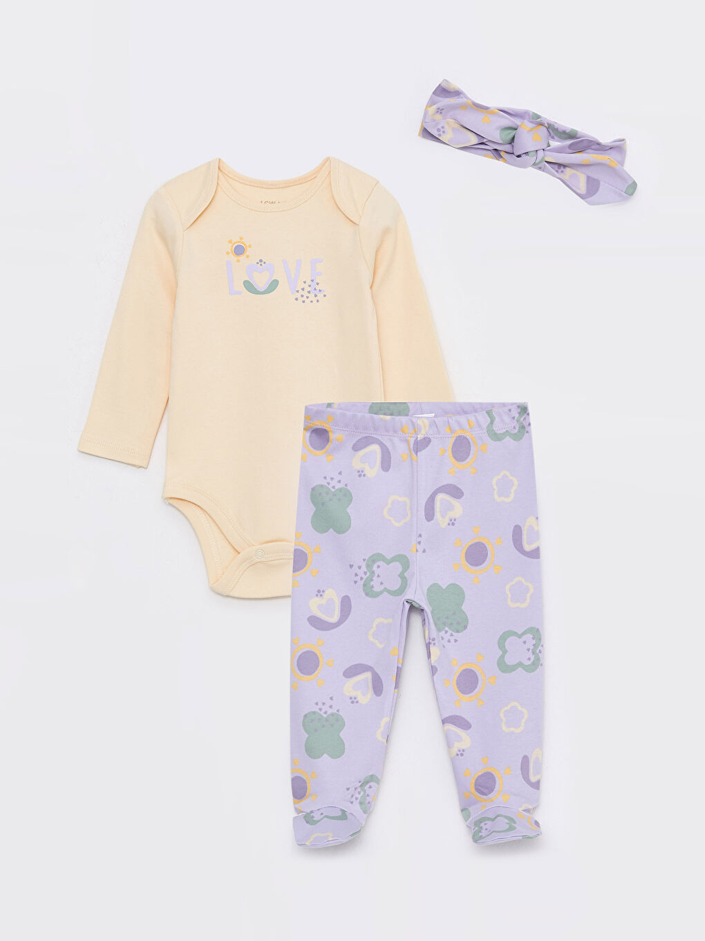 Bej Bisiklet Yaka Baskılı Kız Bebek 3'lü Takım