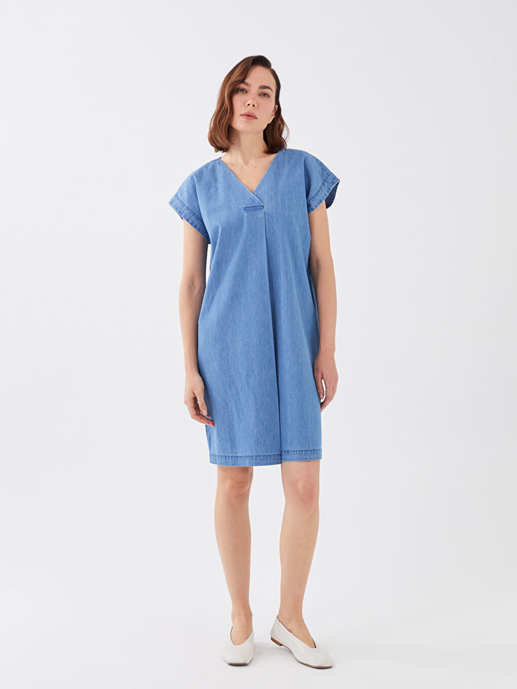 Rochie din Denim Simplă cu Decolteu în V pentru Femei