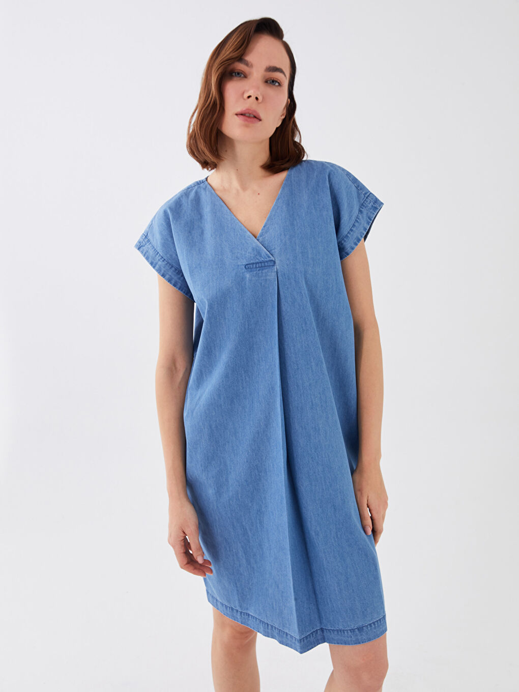 Rochie din Denim Simplă cu Decolteu în V pentru Femei-2