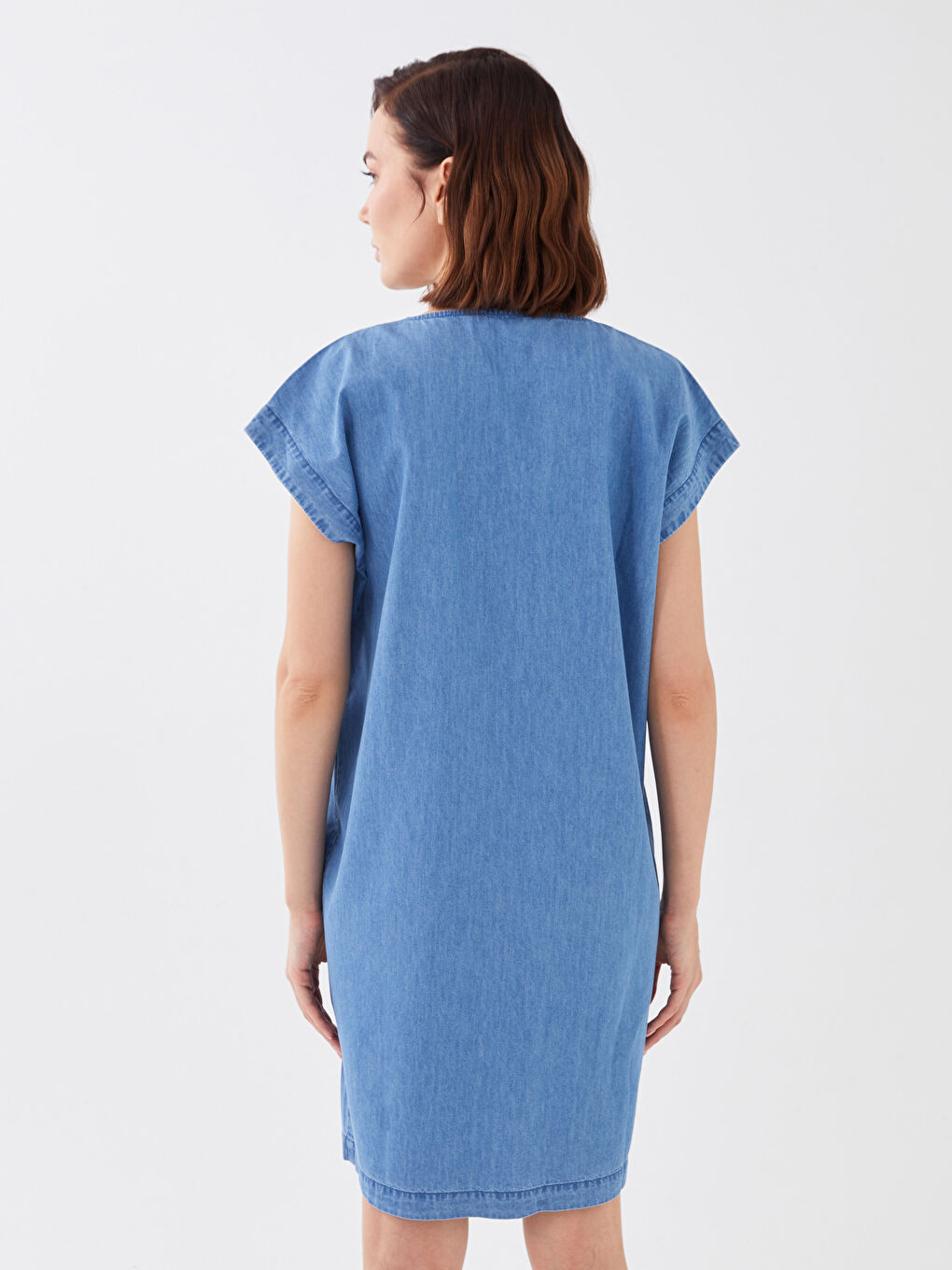 Rochie din Denim Simplă cu Decolteu în V pentru Femei-4