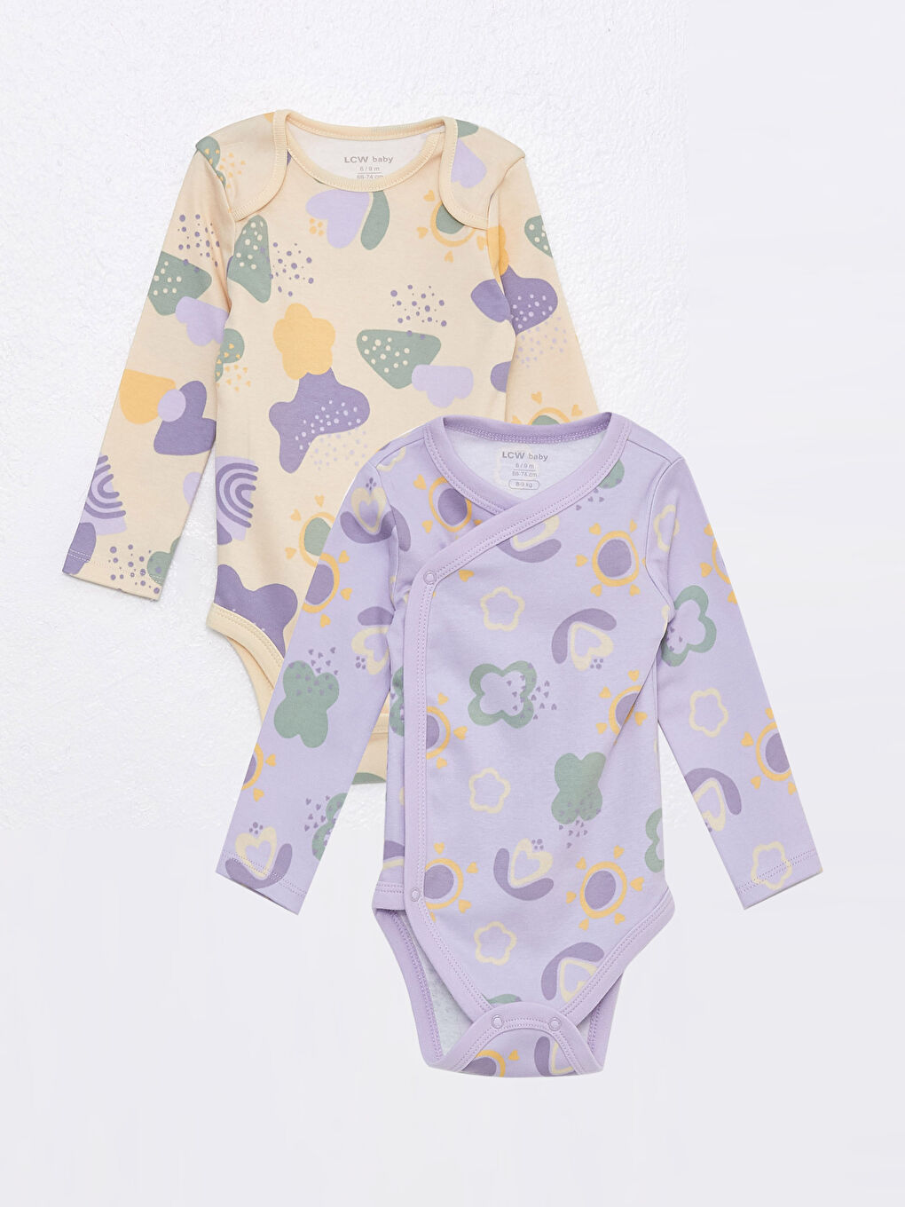 Bisiklet Yaka Uzun Kollu Desenli Kız Bebek Çıtçıtlı Body 2'li