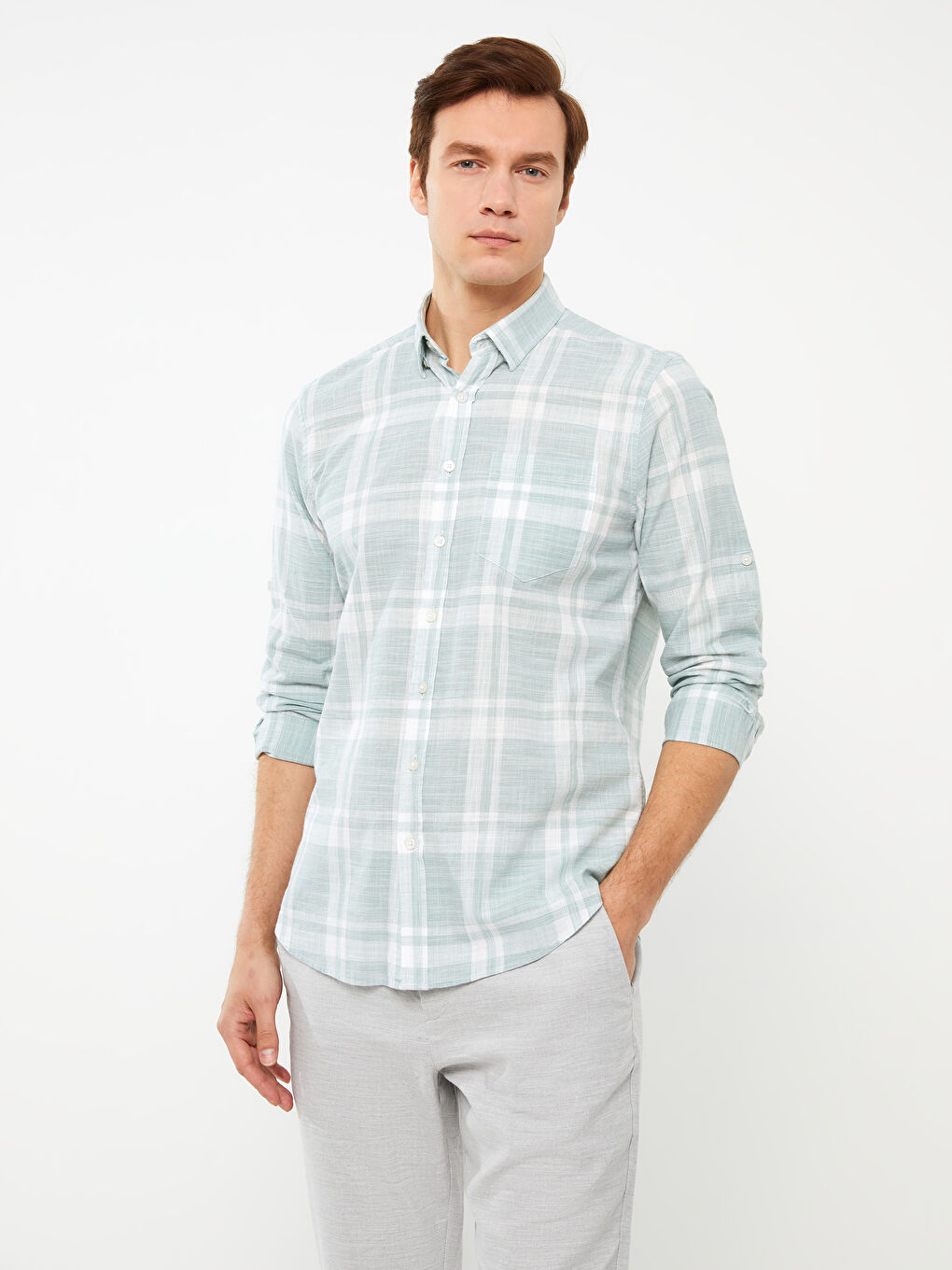 Yeşil Regular Fit Uzun Kollu Ekose Poplin Erkek Gömlek