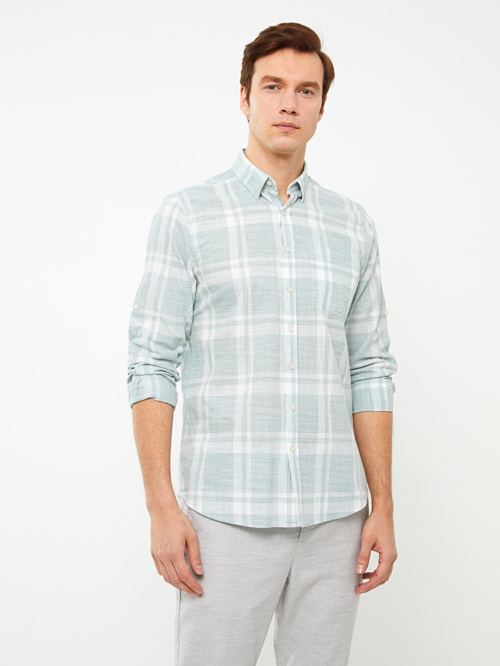 Yeşil Regular Fit Uzun Kollu Ekose Poplin Erkek Gömlek-1