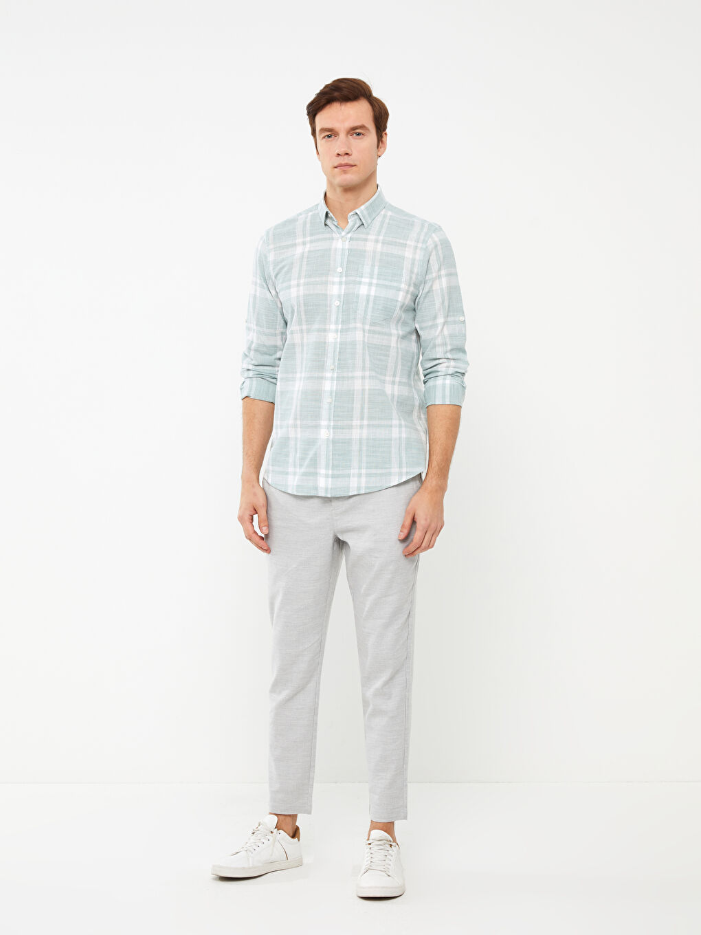 Yeşil Regular Fit Uzun Kollu Ekose Poplin Erkek Gömlek-2