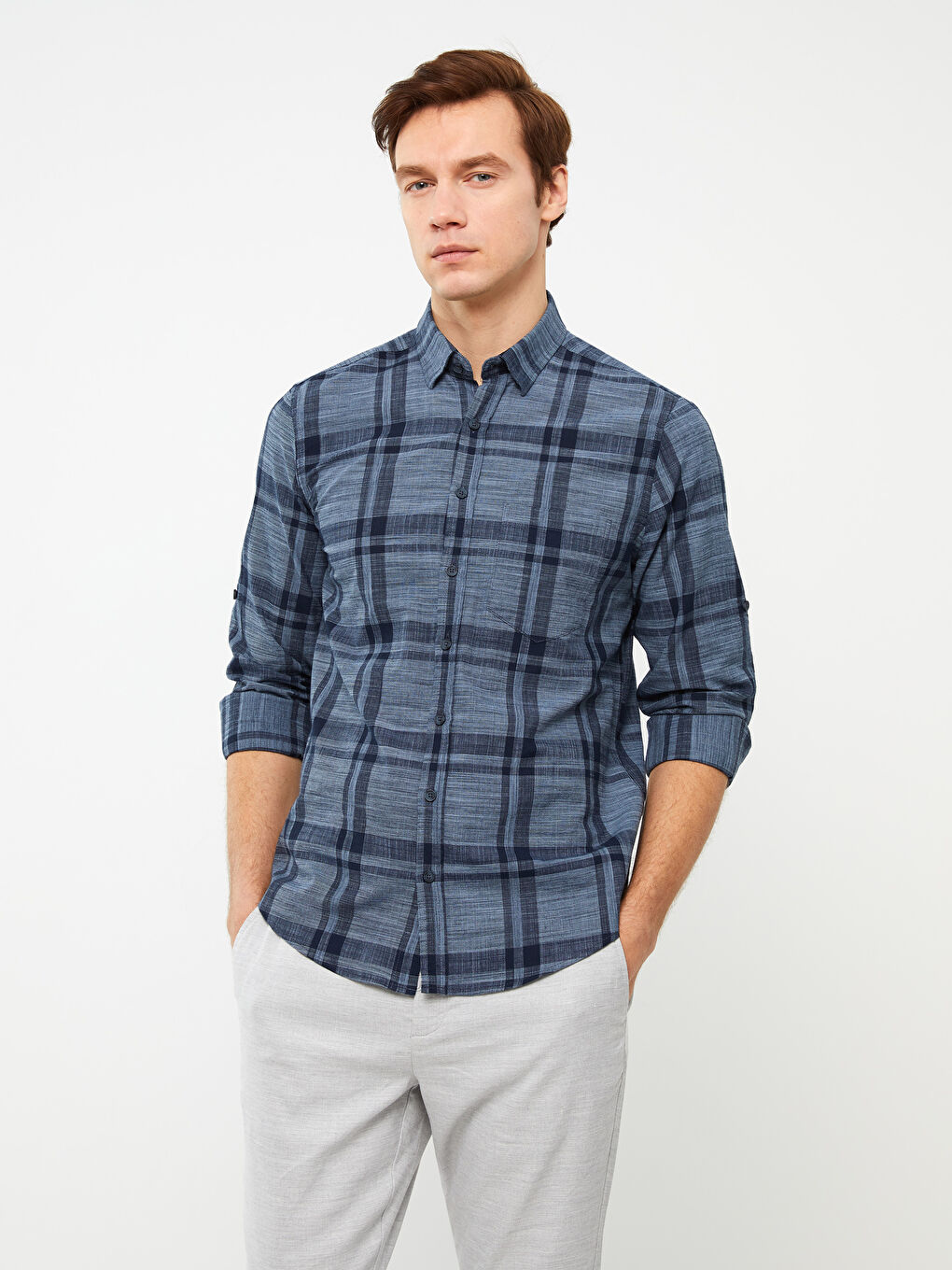 Ерлерге арналған ұзын жең торлы поплин жейде