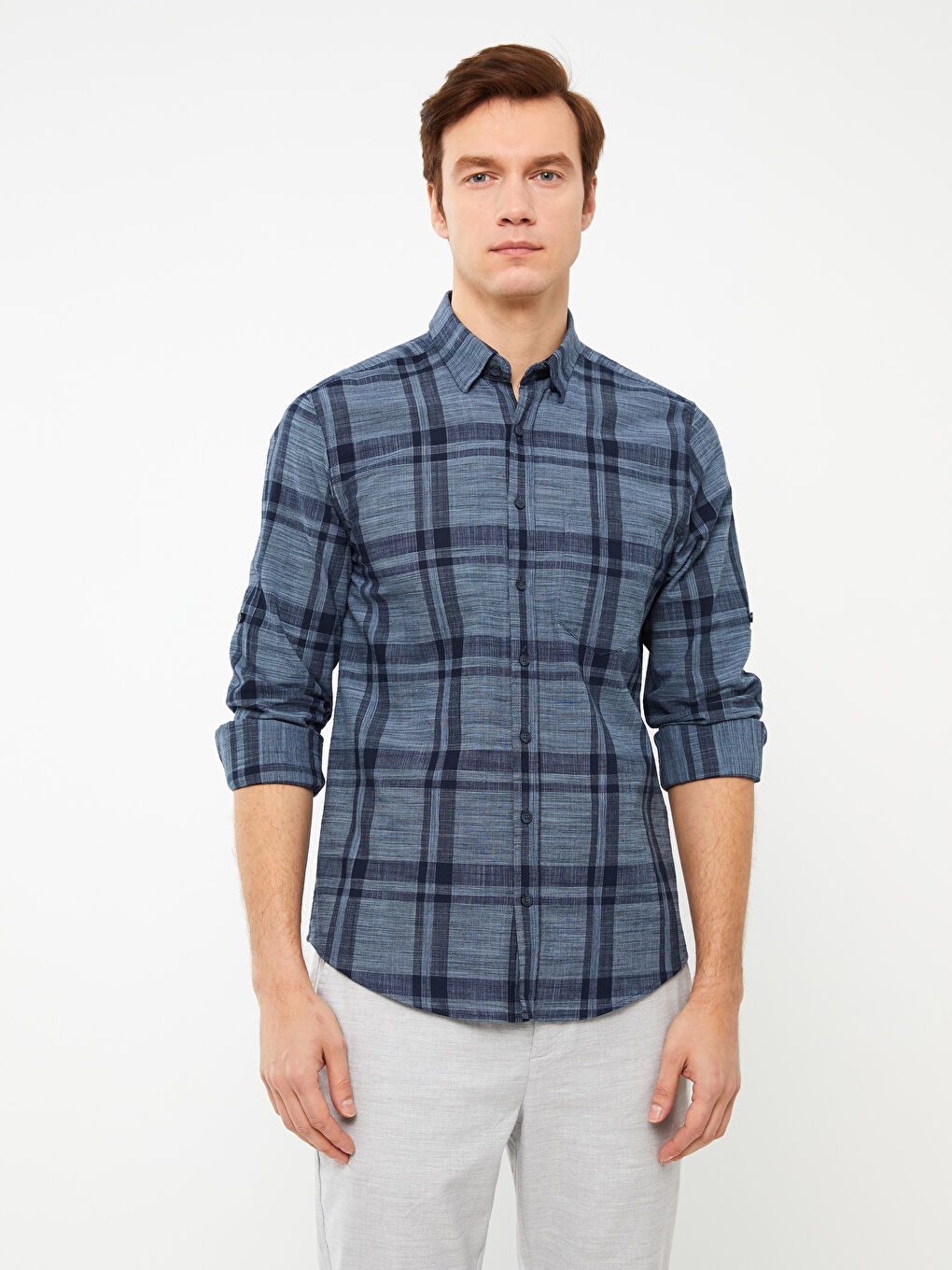 Ерлерге арналған ұзын жең торлы поплин жейде-1