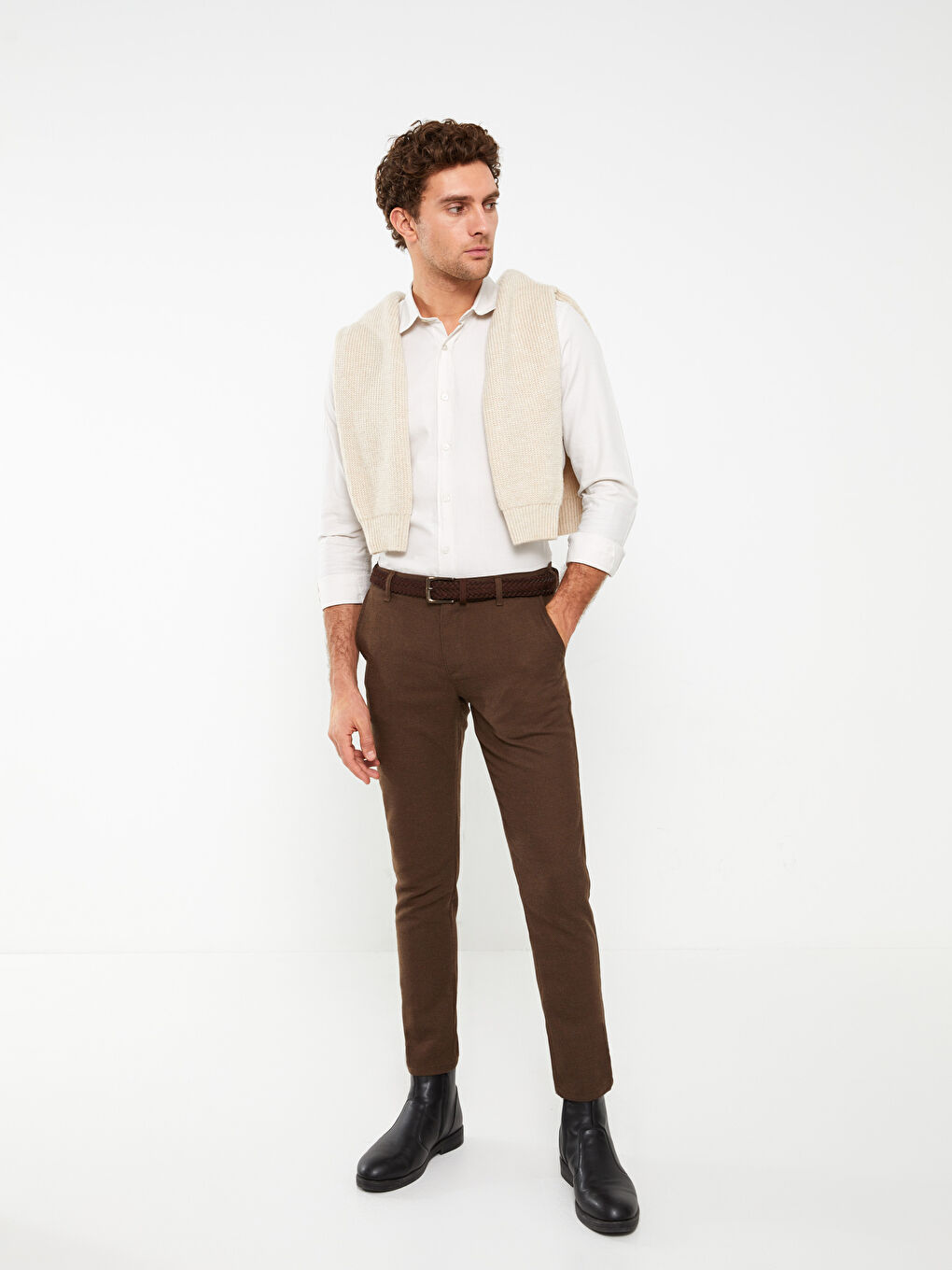 Kahverengi Slim Fit Dokulu Erkek Pantolon