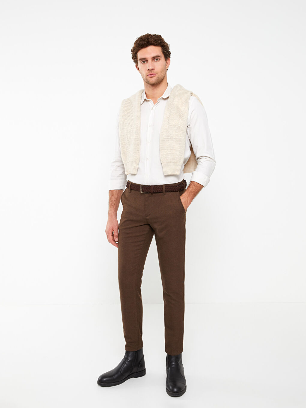 Kahverengi Slim Fit Dokulu Erkek Pantolon-1