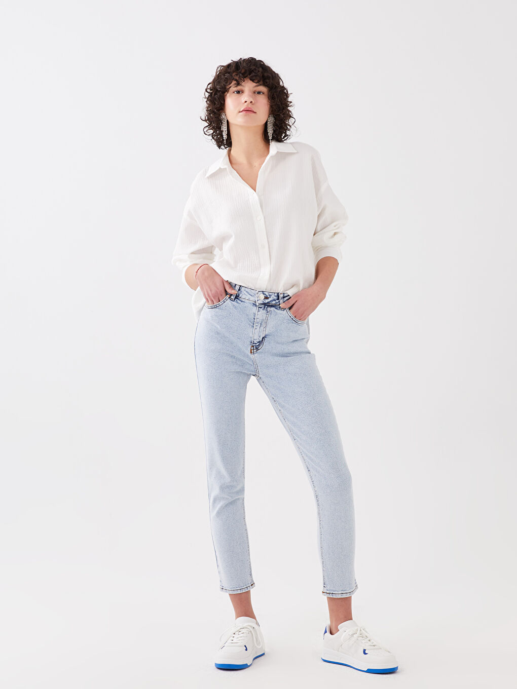 Mavi Yüksek Bel Slim Mom Kadın Jean Pantolon